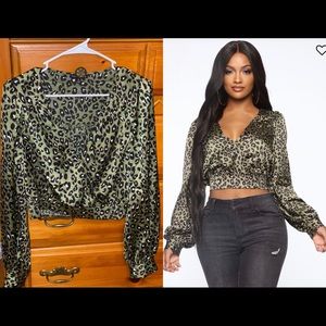 🆕 Olive Satin Surplice Leopard Top!